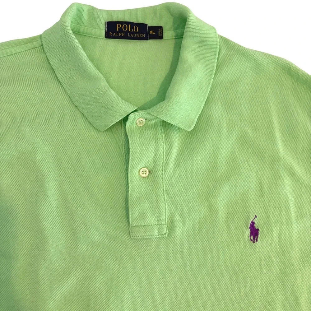 Polo Ralph Lauren Lime Green Polo Shirt Mens XL Short Sleeve Purple Pony Logo